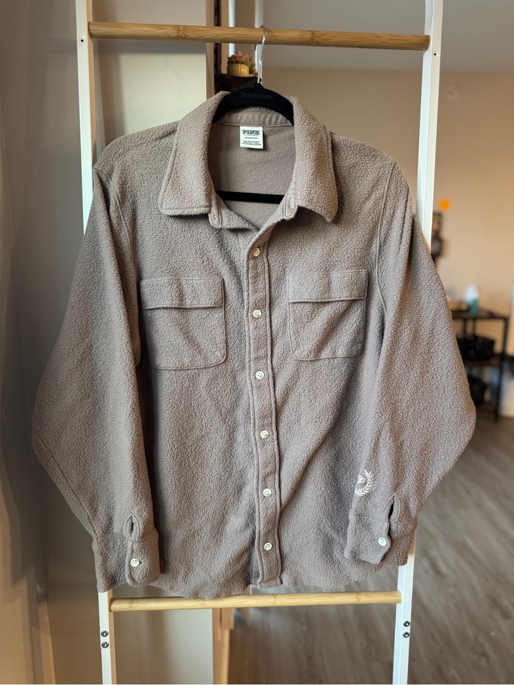 PINK Victoria's Secret Taupe Sherpa Shacket | Size S, Buttons Collegiate Emblem